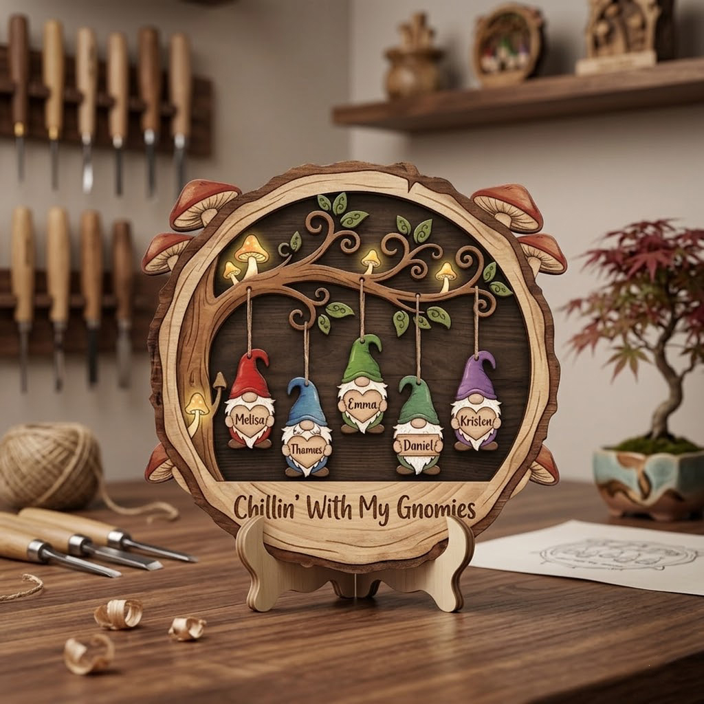 Personalized Custom Gnome Family Wooden Sign with Name Hanging Gnomes
