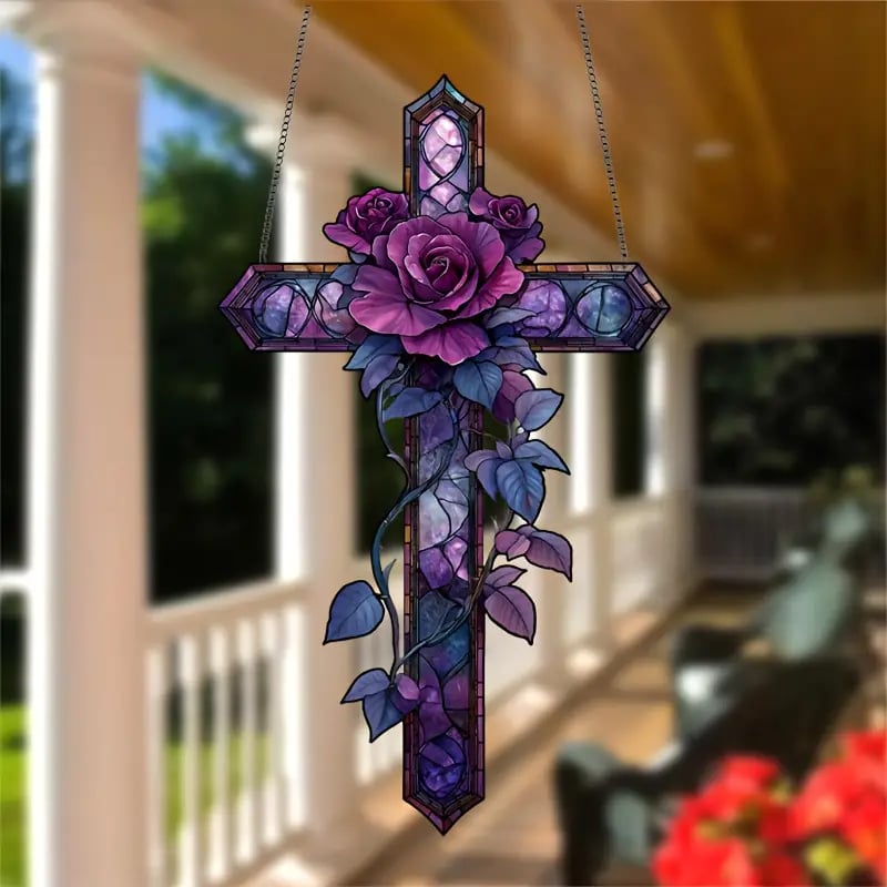Purple Rose Cross Suncatcher Hanging Decor