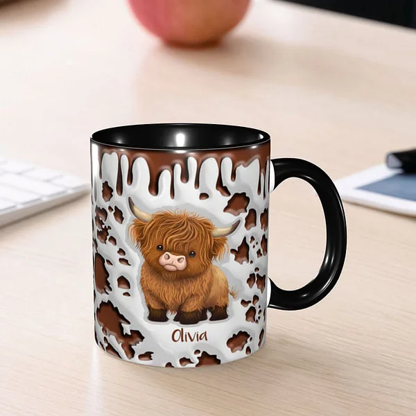 Personalized Cute Highland Cow Ceramic Coffee Mug with Name and Coaster Birthday Gift for Highland Cow Lover