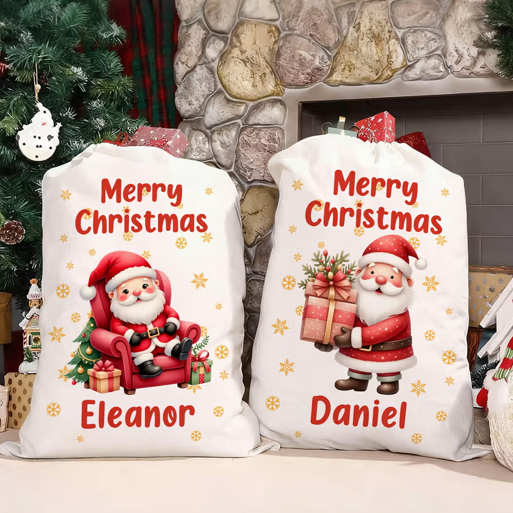 Personalized Cute Cartoon Santa Claus Snowflake Drawstring Christmas Gift Bag with Name Merry Christmas Gift for Kids Family - CALLIE