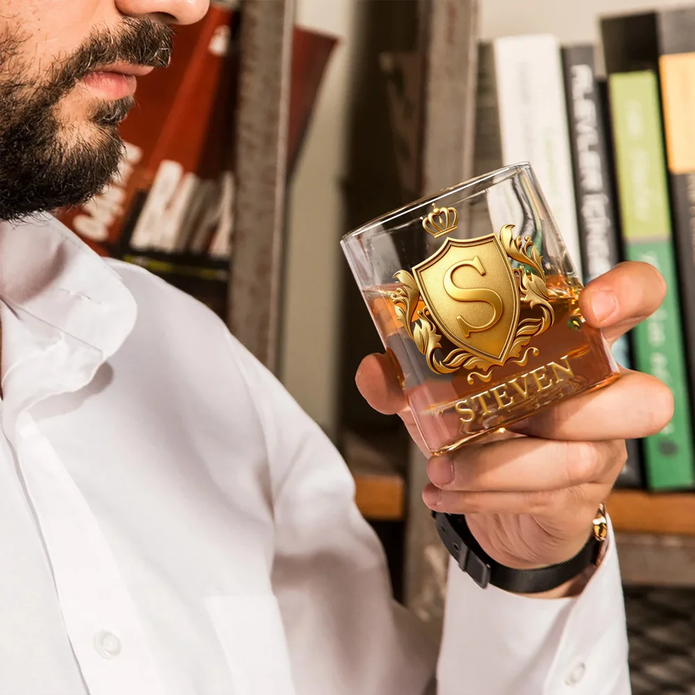 Personalized Golden 3D Badge Initial Name 10 oz Rock Whiskey Glass Old Fashioned Birthday Gift for Man Bartender Whiskey Enthusiast - CALLIE