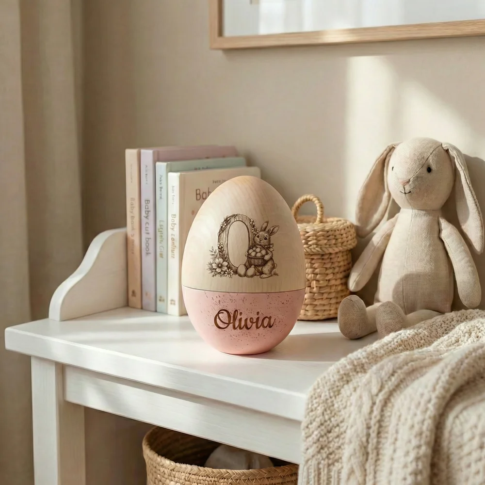 Personalized Bunny Floral Wooden Easter Egg with Name and Initial, Reusable Large Hollow Speckled Easter Keepsake, Basket Filler, Easter Gift for Kids