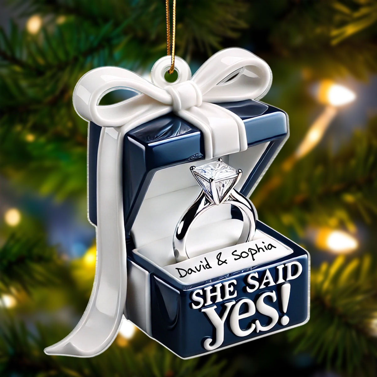 Personalized Engagement Ring Box Acrylic Ornament, Anniversary Gift for Couple