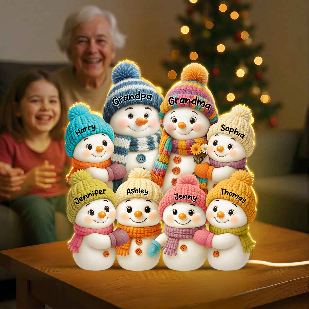 3D Effect Snowman Grandma, Grandpa, Grandparents and Grandkids Personalized Light Box - Christmas Gift for Grandparents