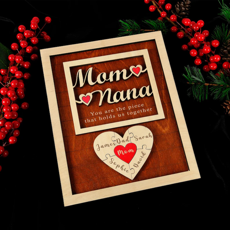 Mom Puzzle Sign Mother's Day Gift from Kids Husband Custom Engraved Wood Sign Piece That Holds Us Together Grandma Gift Personalized Unique