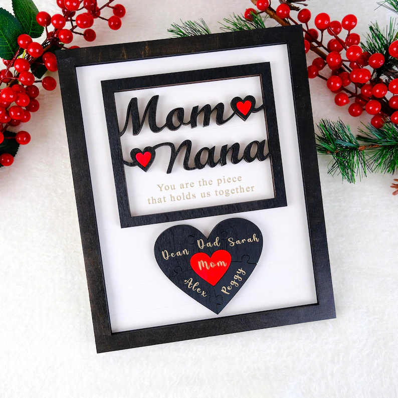 Mom Puzzle Sign Mother's Day Gift from Kids Husband Custom Engraved Wood Sign Piece That Holds Us Together Grandma Gift Personalized Unique