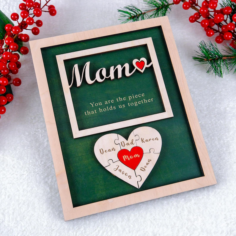 Mom Puzzle Sign Mother's Day Gift from Kids Husband Custom Engraved Wood Sign Piece That Holds Us Together Grandma Gift Personalized Unique