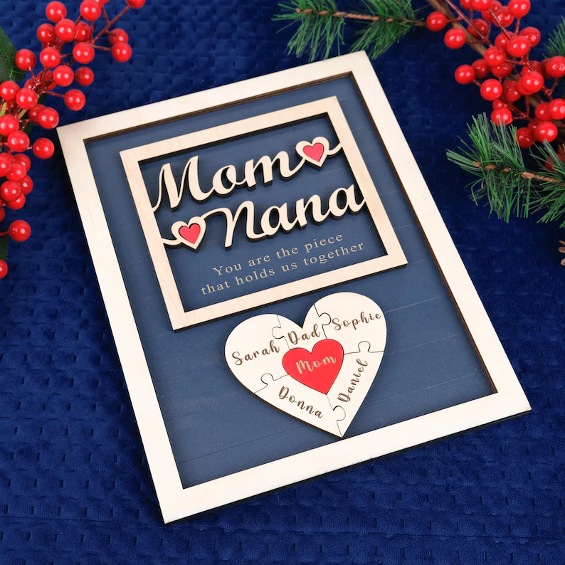Mom Puzzle Sign Mother's Day Gift from Kids Husband Custom Engraved Wood Sign Piece That Holds Us Together Grandma Gift Personalized Unique