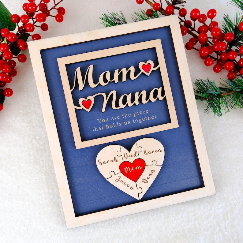 Mom Puzzle Sign Mother's Day Gift from Kids Husband Custom Engraved Wood Sign Piece That Holds Us Together Grandma Gift Personalized Unique