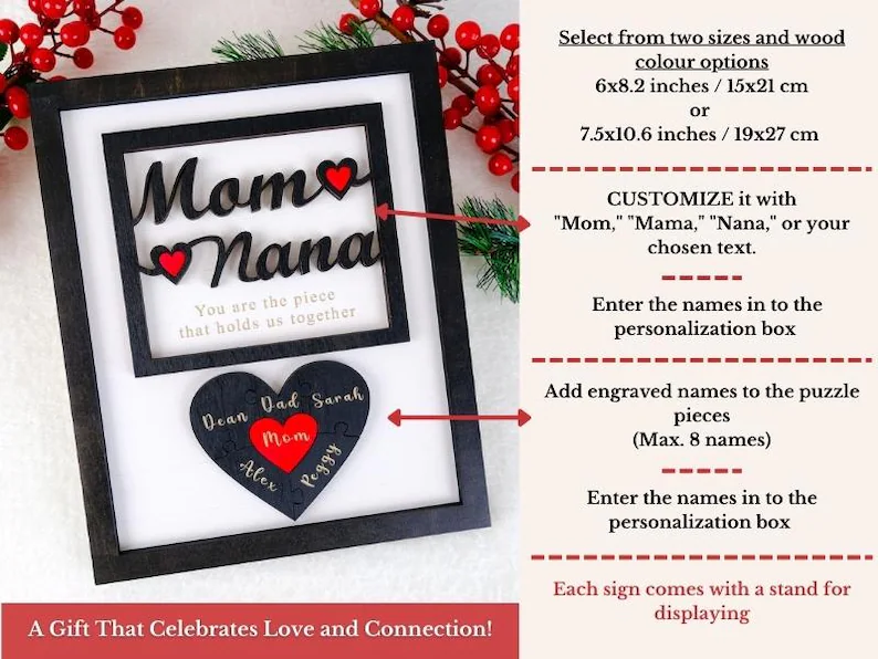 Mom Puzzle Sign Mother's Day Gift from Kids Husband Custom Engraved Wood Sign Piece That Holds Us Together Grandma Gift Personalized Unique