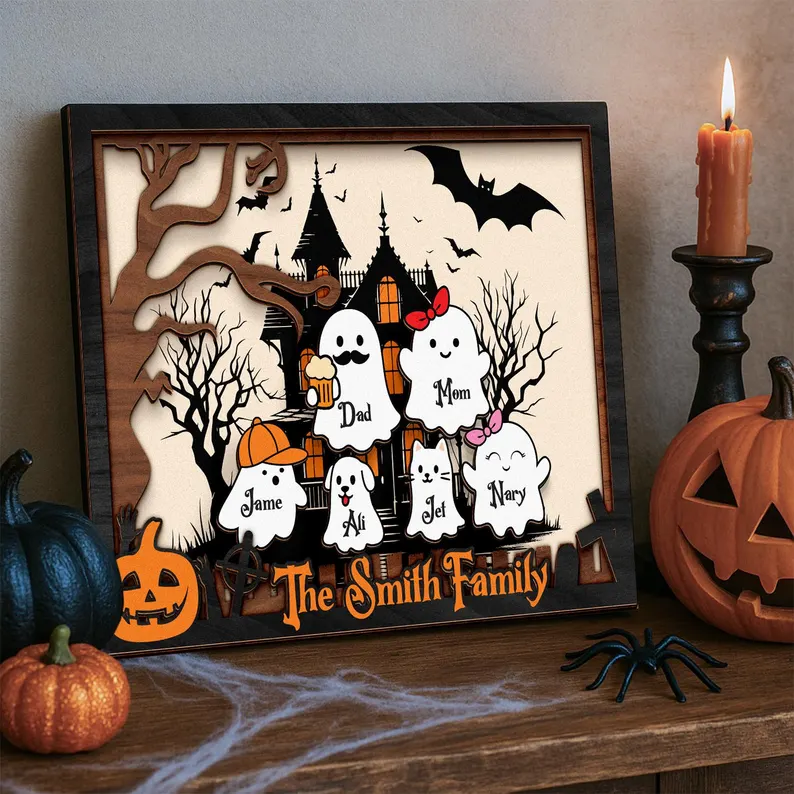  Personalized Custom Halloween Ghost Family, Our Boo Crew, Halloween Family Sign, Cute Halloween Decor