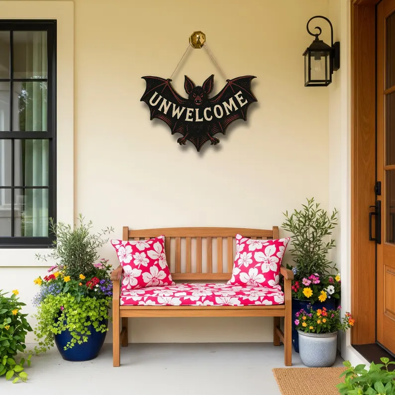 Bat Door Sign – Funny Gothic Wooden Halloween Wall Decor – Spooky Bat Plaque for Front Door or Room