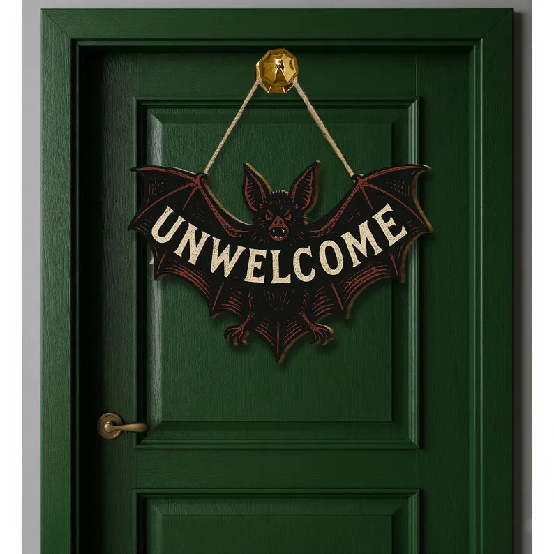 Bat Door Sign – Funny Gothic Wooden Halloween Wall Decor – Spooky Bat Plaque for Front Door or Room