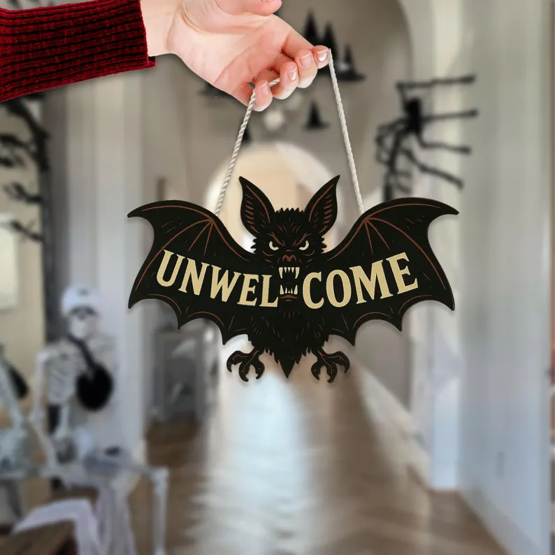 Personalized Bat Door Sign – Funny Gothic Wooden Halloween Wall Decor – Spooky Bat Plaque for Front Door or Room