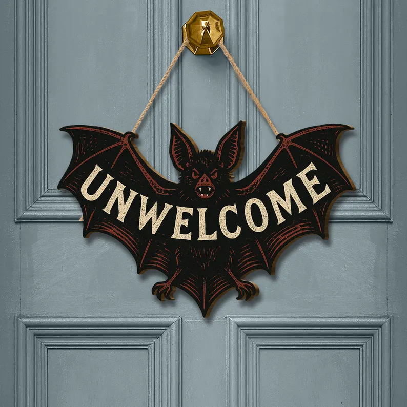Bat Door Sign – Funny Gothic Wooden Halloween Wall Decor – Spooky Bat Plaque for Front Door or Room