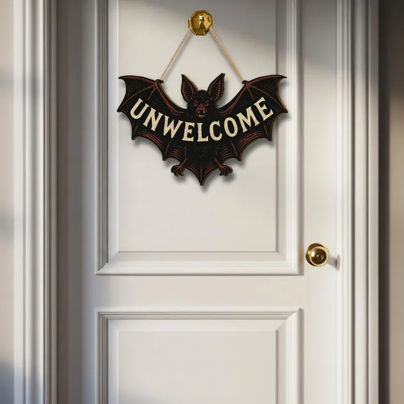 Bat Door Sign – Funny Gothic Wooden Halloween Wall Decor – Spooky Bat Plaque for Front Door or Room