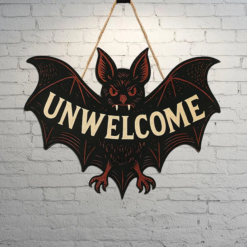 Personalized Bat Door Sign – Funny Gothic Wooden Halloween Wall Decor – Spooky Bat Plaque for Front Door or Room
