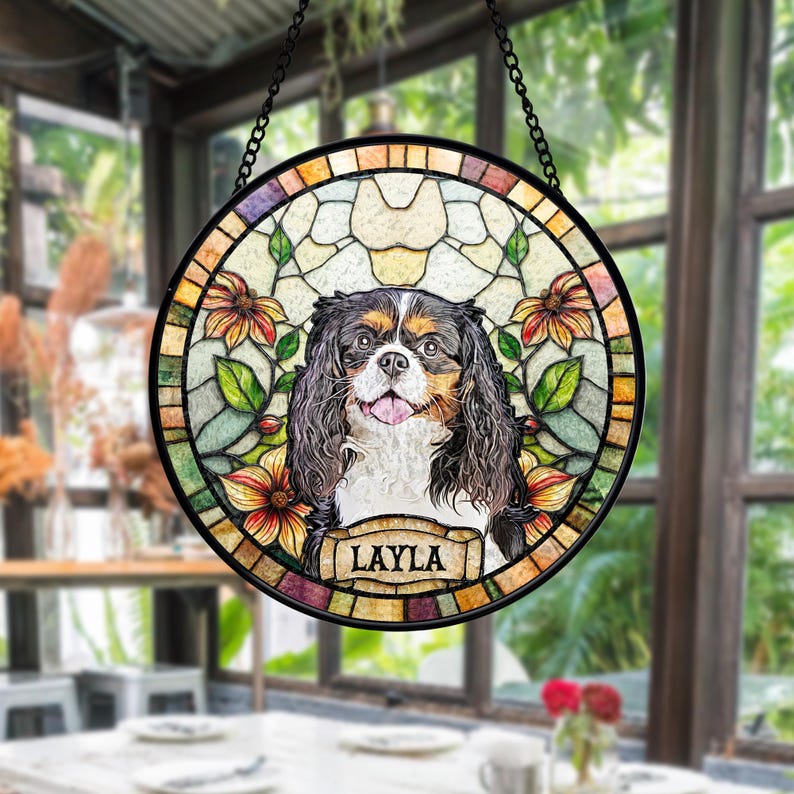 Personalized Dog Portrait Stained Glass Suncatcher, Custom Pet Memorial Stained Glass Photo Suncatcher, Dog Loss Keepsake, Pet Loss Gift