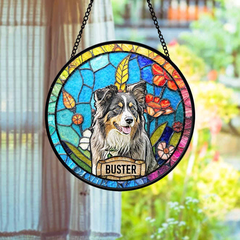 Personalized Dog Portrait Stained Glass Suncatcher, Custom Pet Memorial Stained Glass Photo Suncatcher, Dog Loss Keepsake, Pet Loss Gift