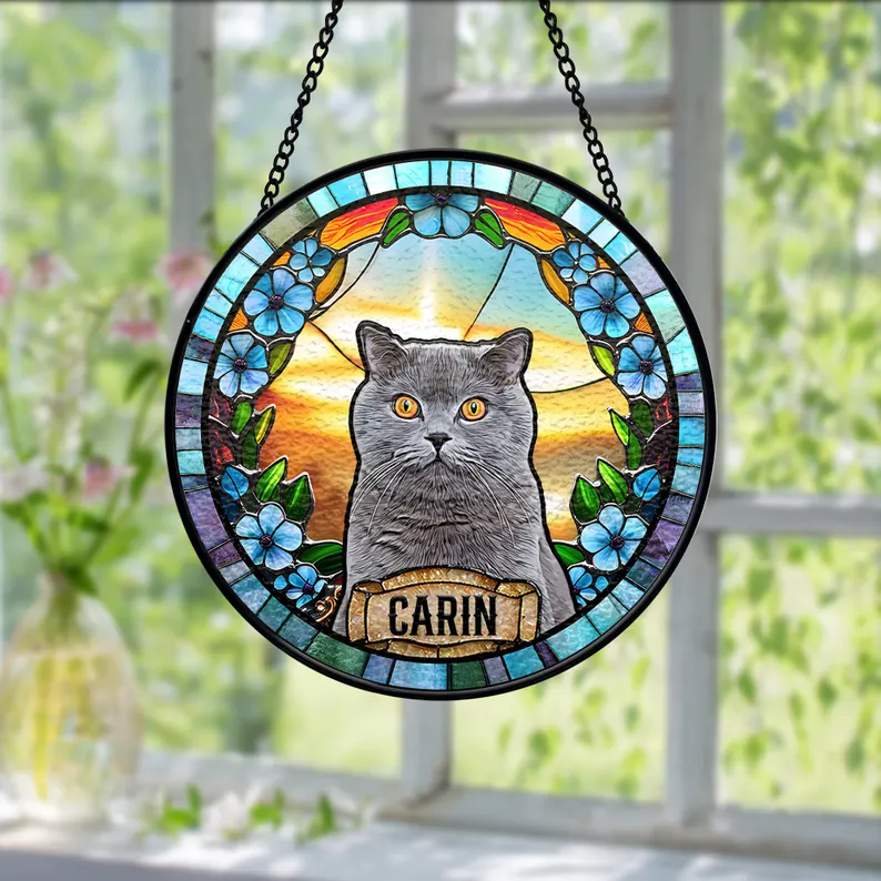 Personalized Pet Portrait Stained Glass Suncatcher, Custom Pet Memorial Stained Glass Photo Suncatcher, Dog Loss Keepsake, Pet Loss Gift