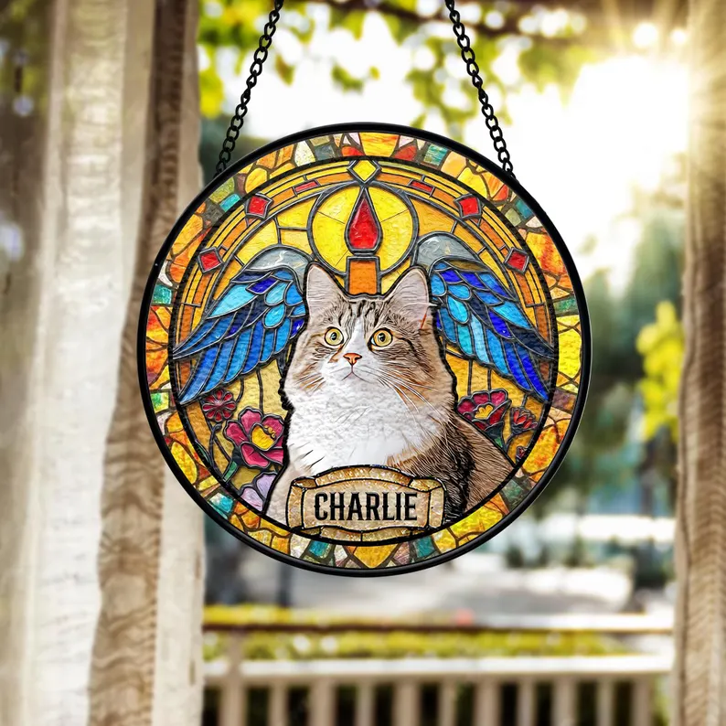 Personalized Pet Portrait Stained Glass Suncatcher, Custom Pet Memorial Stained Glass Photo Suncatcher, Dog Loss Keepsake, Pet Loss Gift