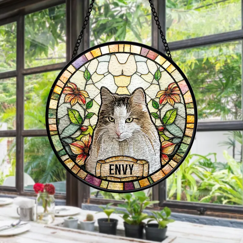 Personalized Pet Portrait Stained Glass Suncatcher, Custom Pet Memorial Stained Glass Photo Suncatcher, Dog Loss Keepsake, Pet Loss Gift