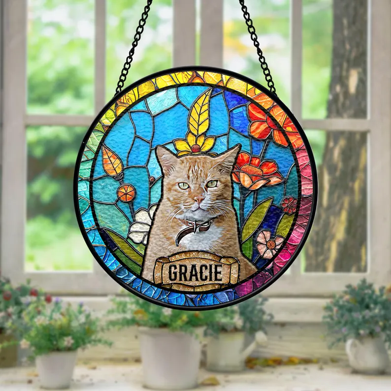 Personalized Pet Portrait Stained Glass Suncatcher, Custom Pet Memorial Stained Glass Photo Suncatcher, Dog Loss Keepsake, Pet Loss Gift