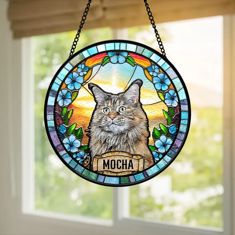 Personalized Pet Portrait Stained Glass Suncatcher, Custom Pet Memorial Stained Glass Photo Suncatcher, Dog Loss Keepsake, Pet Loss Gift