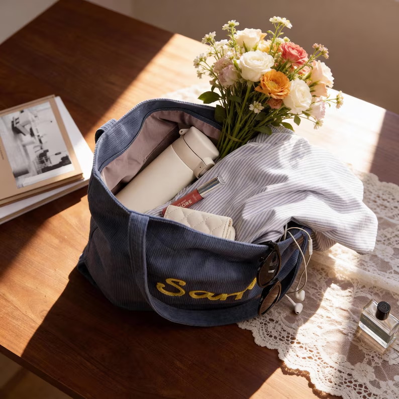 Custom Chenille Name Tote Bag, Personalized Corduroy Work Purse with Zipper, Bridesmaid Gift Bag, Spring Travel Tote, Mother's Day Gift