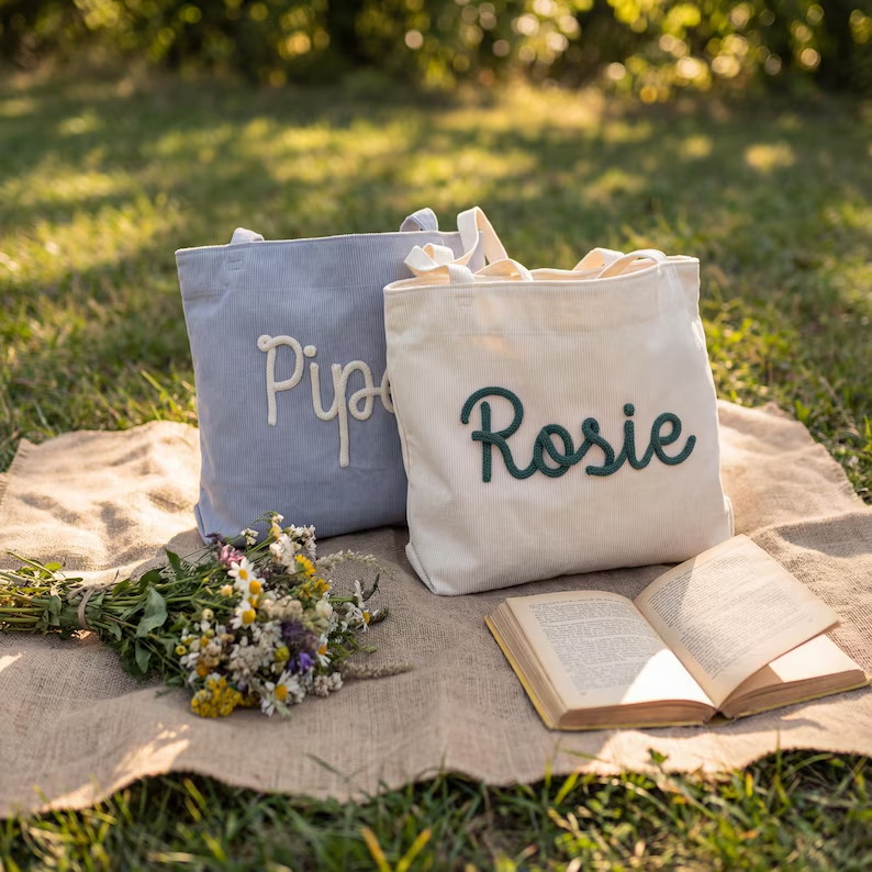 Custom Chenille Name Tote Bag, Personalized Corduroy Work Purse with Zipper, Bridesmaid Gift Bag, Spring Travel Tote, Mother's Day Gift