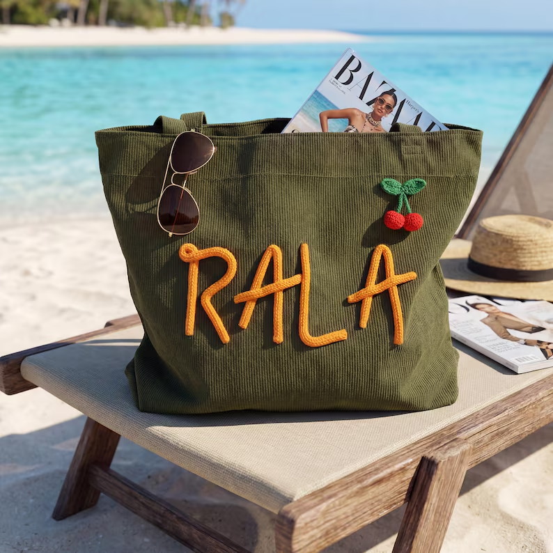 Custom Chenille Name Tote Bag, Personalized Corduroy Work Purse with Zipper, Bridesmaid Gift Bag, Spring Travel Tote, Mother's Day Gift