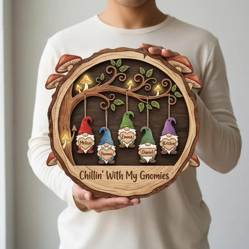 Personalized Custom Gnome Family Wooden Sign with Name Hanging Gnomes