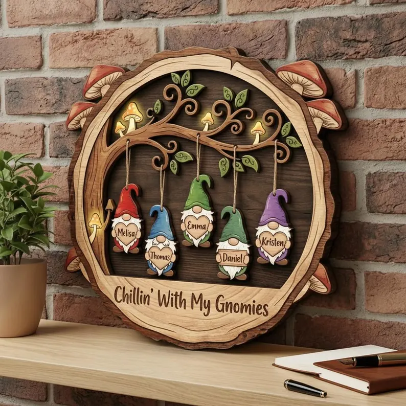 Personalized Custom Gnome Family Wooden Sign with Name Hanging Gnomes
