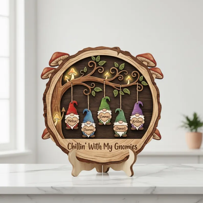 Personalized Custom Gnome Family Wooden Sign with Name Hanging Gnomes