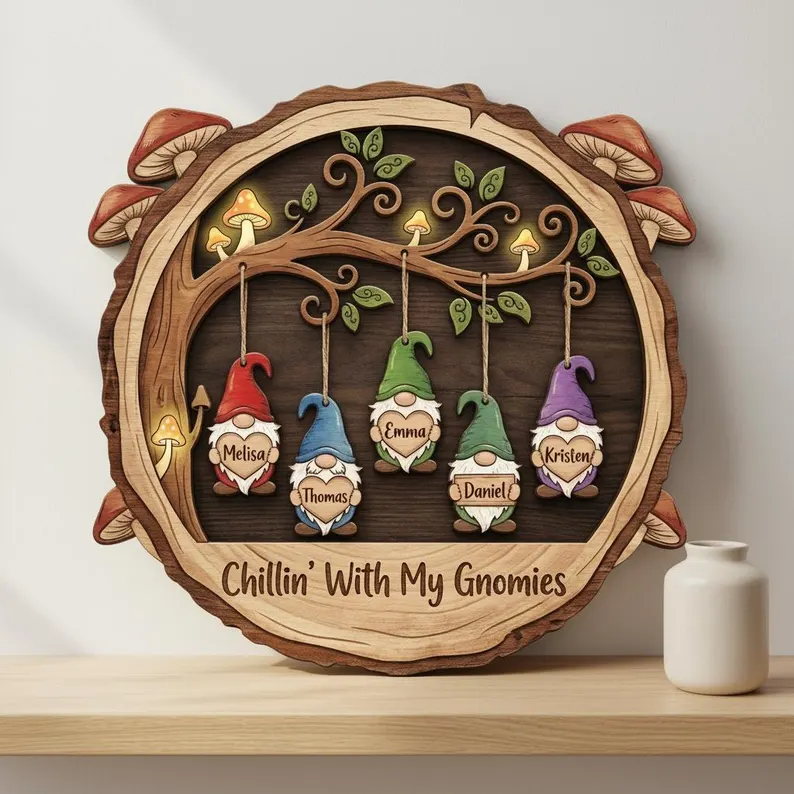 Personalized Custom Gnome Family Wooden Sign with Name Hanging Gnomes