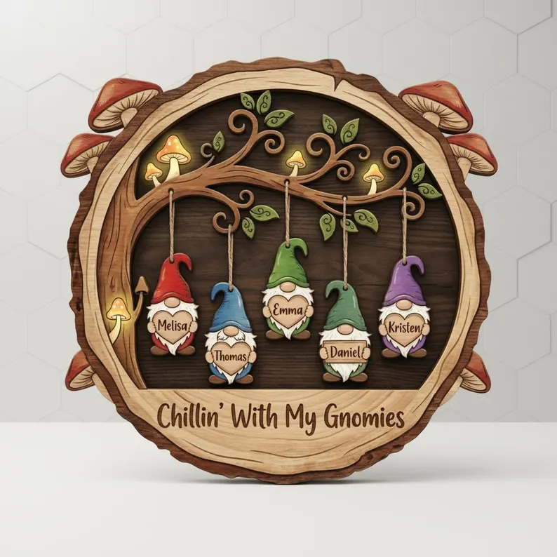 Personalized Custom Gnome Family Wooden Sign with Name Hanging Gnomes