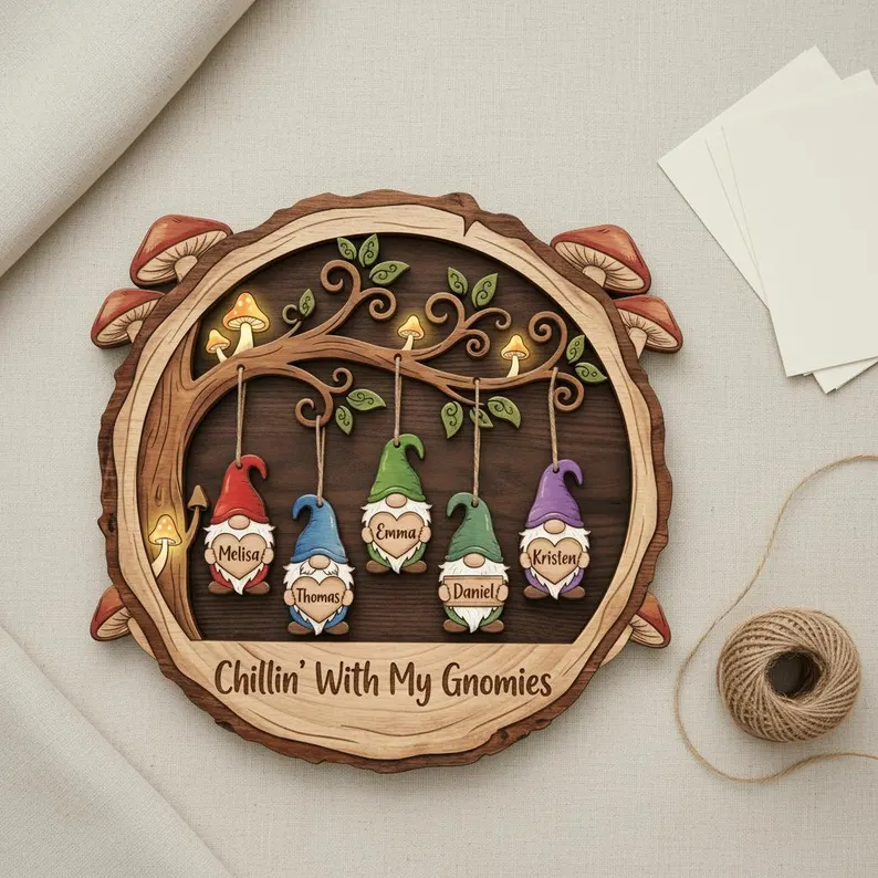 Personalized Custom Gnome Family Wooden Sign with Name Hanging Gnomes