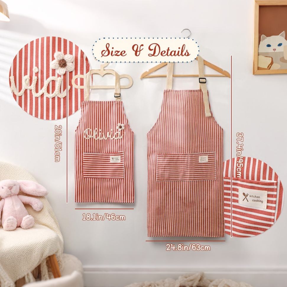 Personalize Crochet Embroidered Cooking Apron for Kids & Adult with name, perfect for cooking, gardening, painting, crafting 