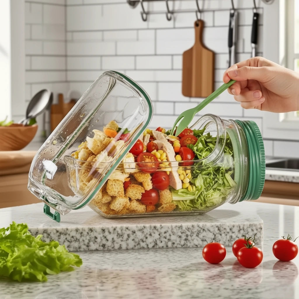 Salad Shaker Storage Container with Side Hatch Bowl Design