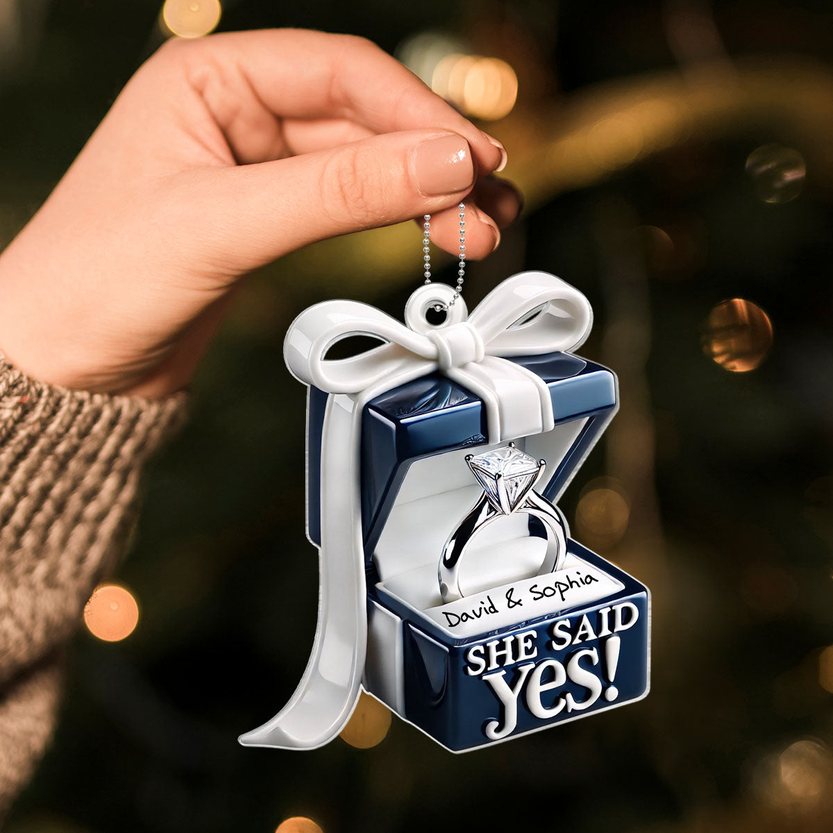 Personalized Engagement Ring Box Acrylic Ornament, Anniversary Gift for Couple