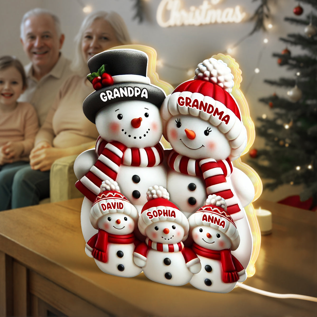 3D Effect Cute Snowman - Personalized Light Box - Christmas Decor For Family, Grandma, Grandpa