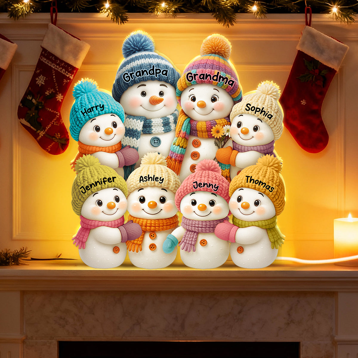 3D Effect Snowman Grandma, Grandpa, Grandparents and Grandkids Personalized Light Box - Christmas Gift for Grandparents