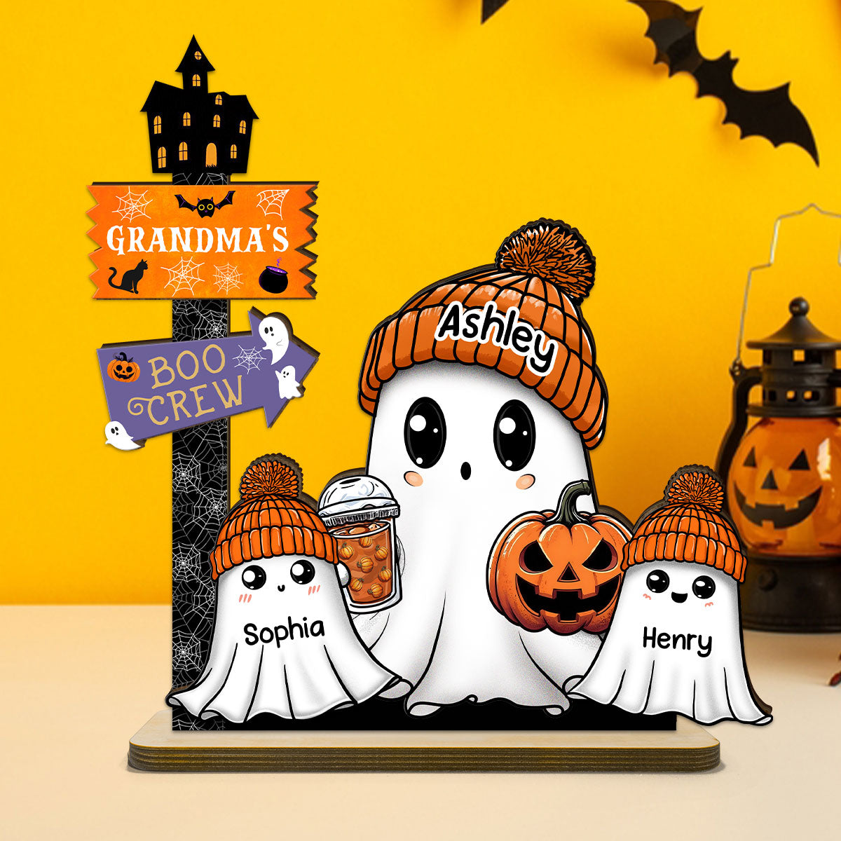 Grandma Boo Crew Fall Season Halloween Personalized 2-Layer Standing Wooden Plaque, Halloween Decoration, Tabletop Tier Tray Decor