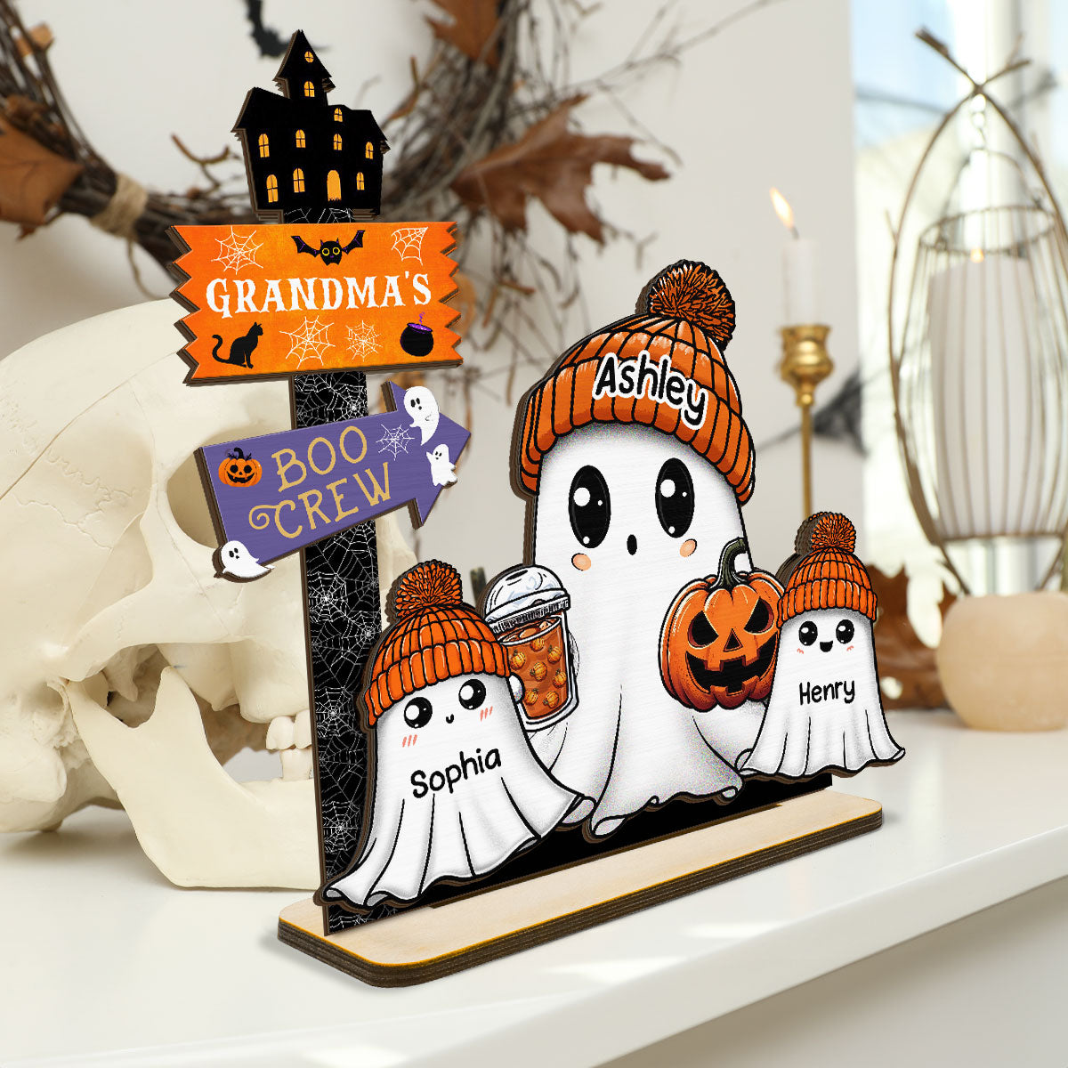 Grandma Boo Crew Fall Season Halloween Personalized 2-Layer Standing Wooden Plaque, Halloween Decoration, Tabletop Tier Tray Decor