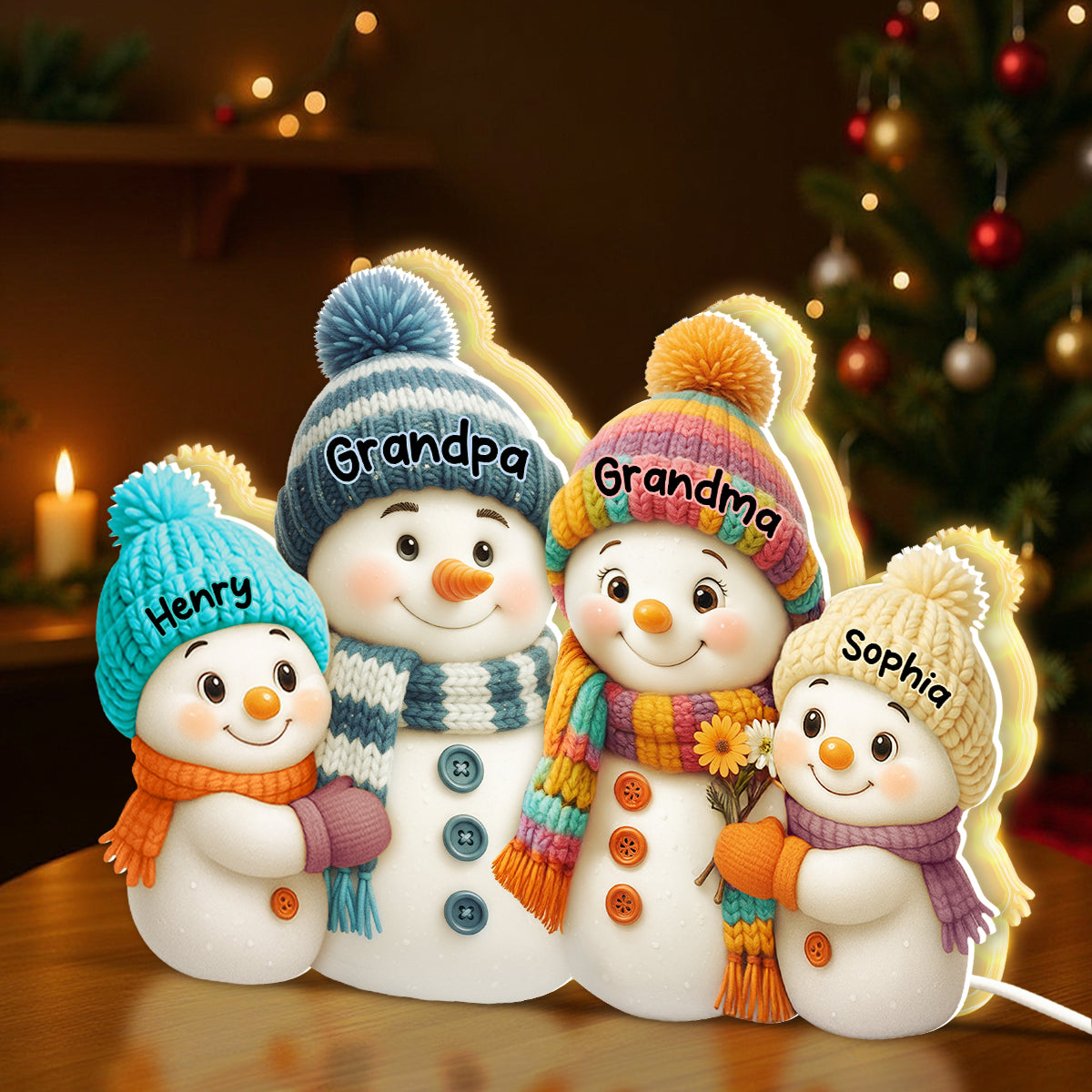 3D Effect Snowman Grandma, Grandpa, Grandparents and Grandkids Personalized Light Box - Christmas Gift for Grandparents