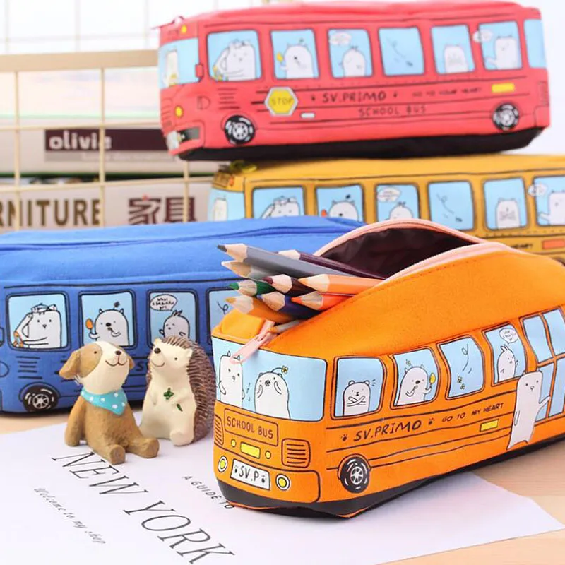 Children Pencil Case Cartoon Bus Car Stationery Bag Cute Animals Canvas Pencil Bags For Boys Girls School Supplies Toys Gifts