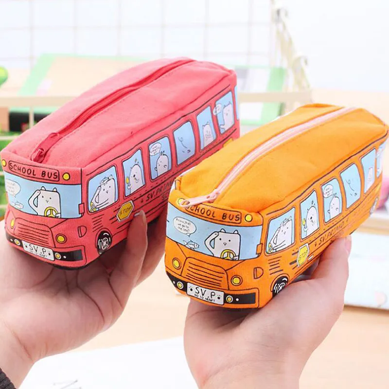 Children Pencil Case Cartoon Bus Car Stationery Bag Cute Animals Canvas Pencil Bags For Boys Girls School Supplies Toys Gifts