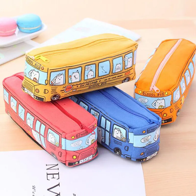 Children Pencil Case Cartoon Bus Car Stationery Bag Cute Animals Canvas Pencil Bags For Boys Girls School Supplies Toys Gifts