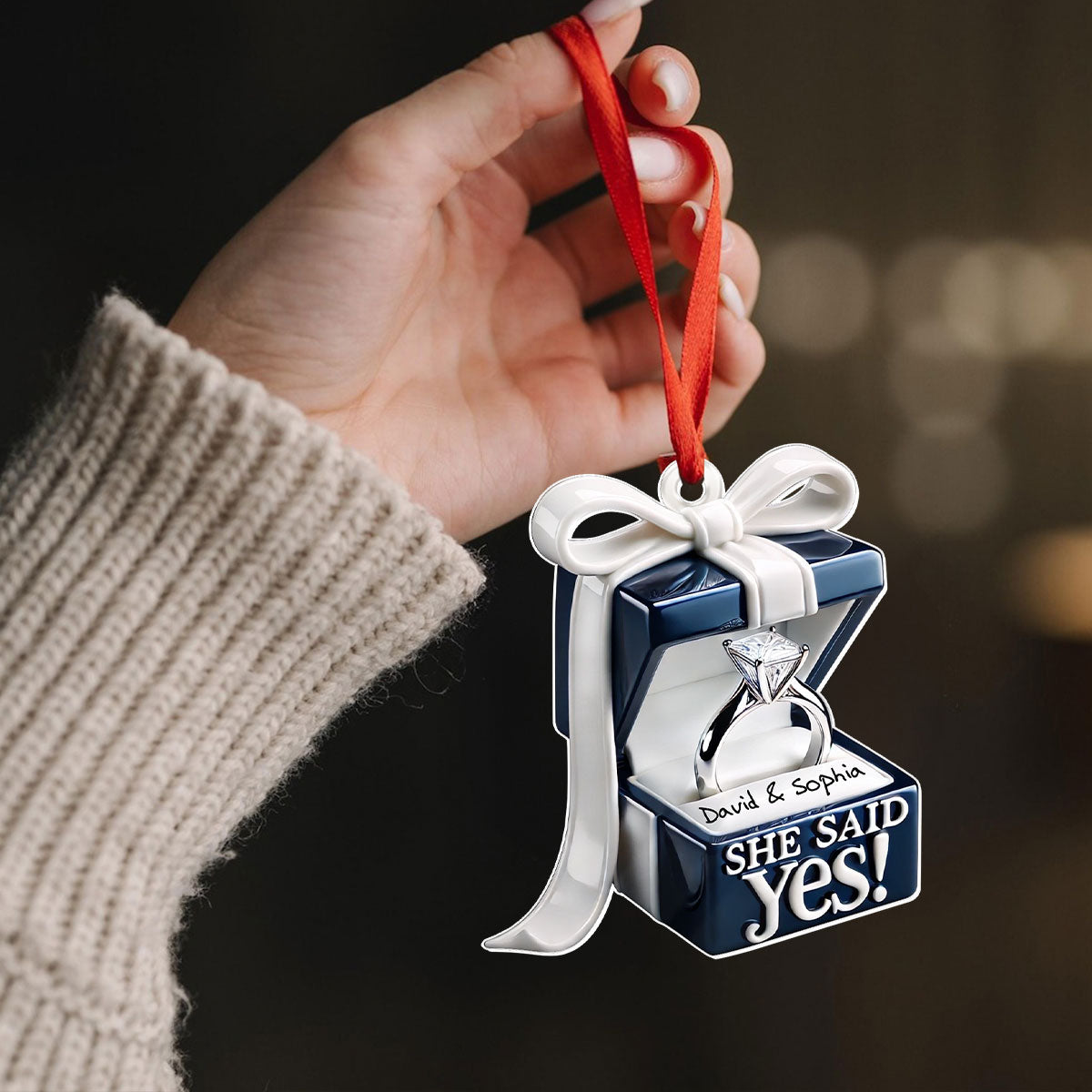 Personalized Engagement Ring Box Acrylic Ornament, Anniversary Gift for Couple