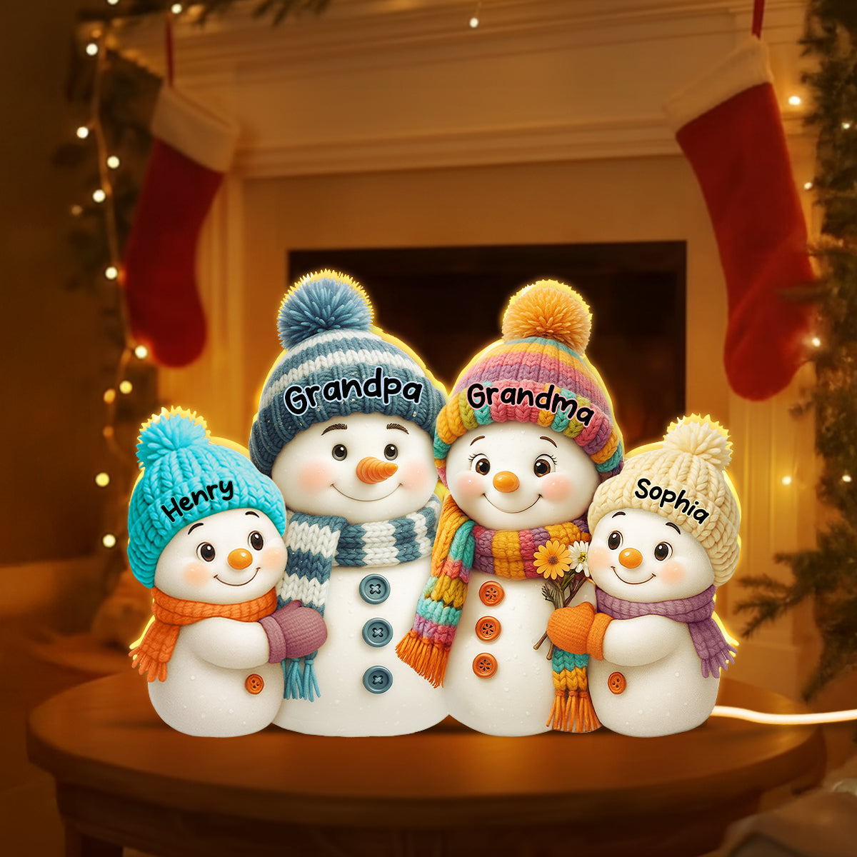 3D Effect Snowman Grandma, Grandpa, Grandparents and Grandkids Personalized Light Box - Christmas Gift for Grandparents